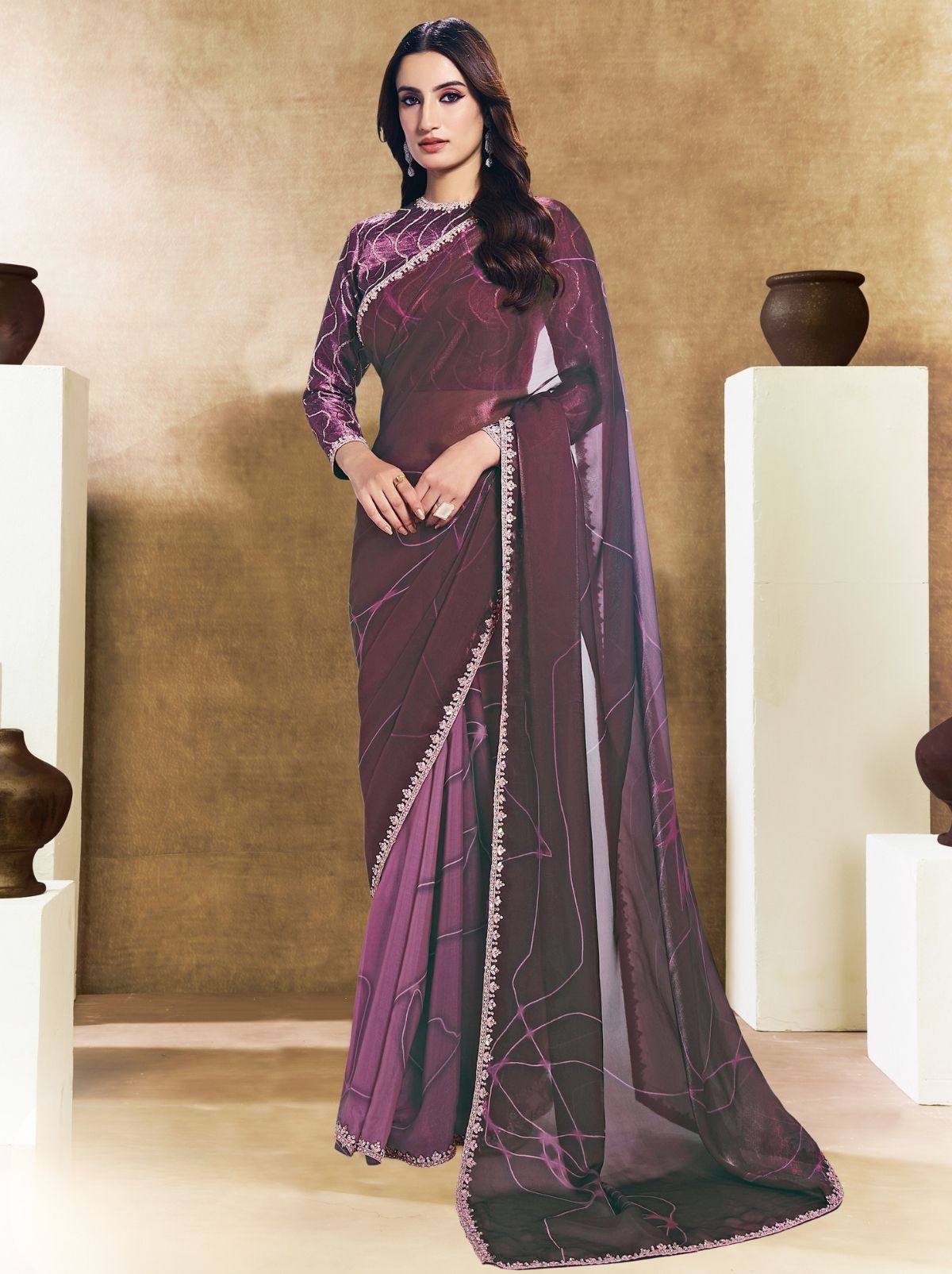 Boysenberry Purple Premium Two Tone Satin Silk Saree WIth Blouse Piece - TrendOye