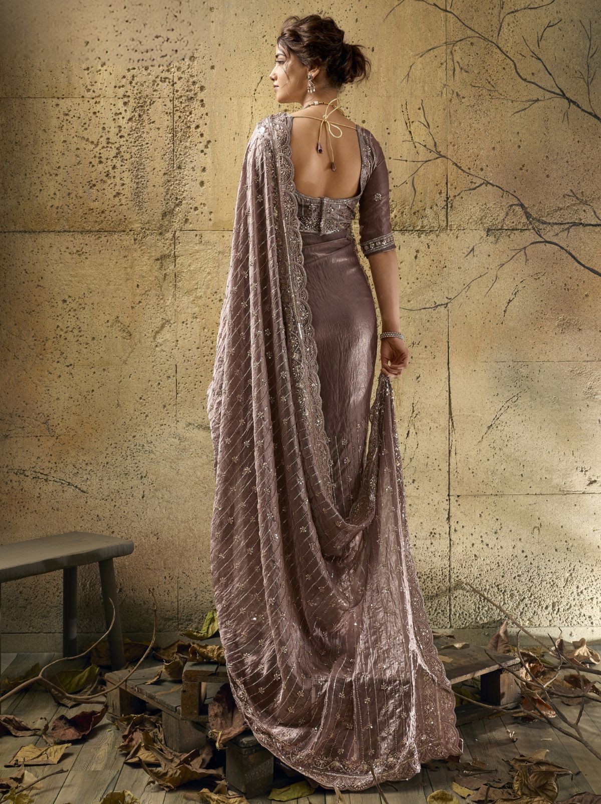 Light Mauve Purple Premium Velvet Satin Saree With Sequin & Zari Work