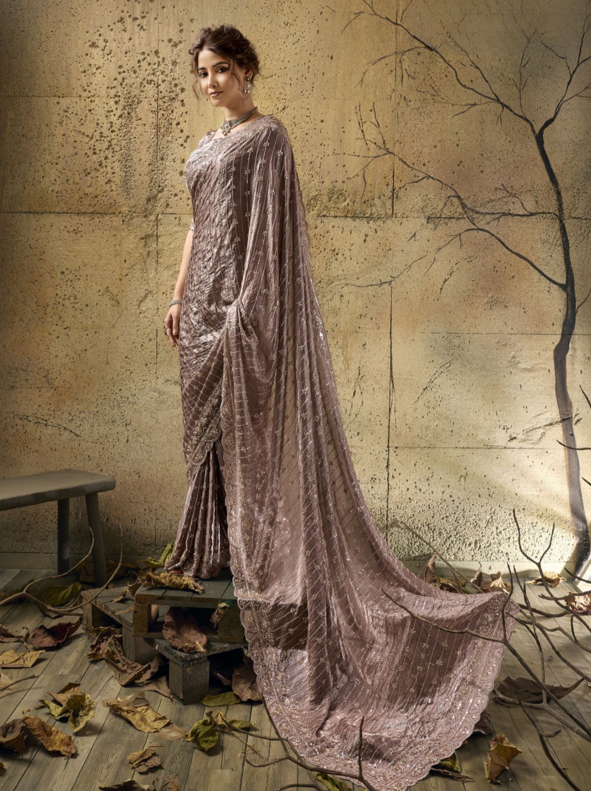 Light Mauve Purple Premium Velvet Satin Saree With Sequin & Zari Work