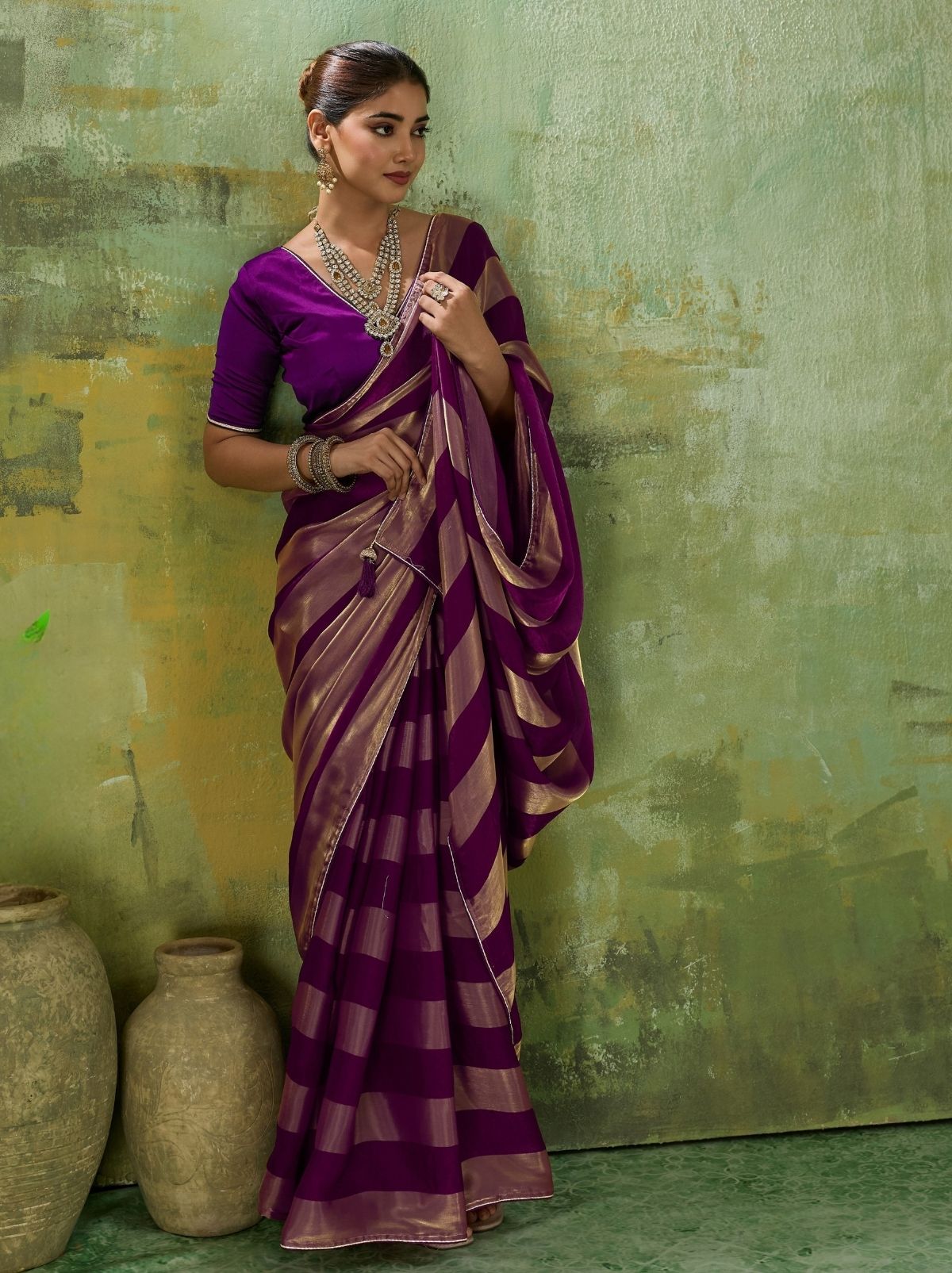 Grape Purple Premium Velvet Satin Saree With Tassel Work