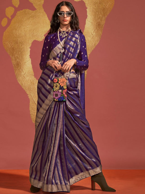 Indigo Purple Handwoven Silk Saree - TrendOye