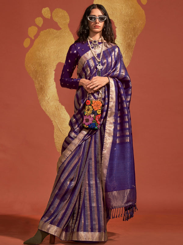 Indigo Purple Handwoven Silk Saree - TrendOye