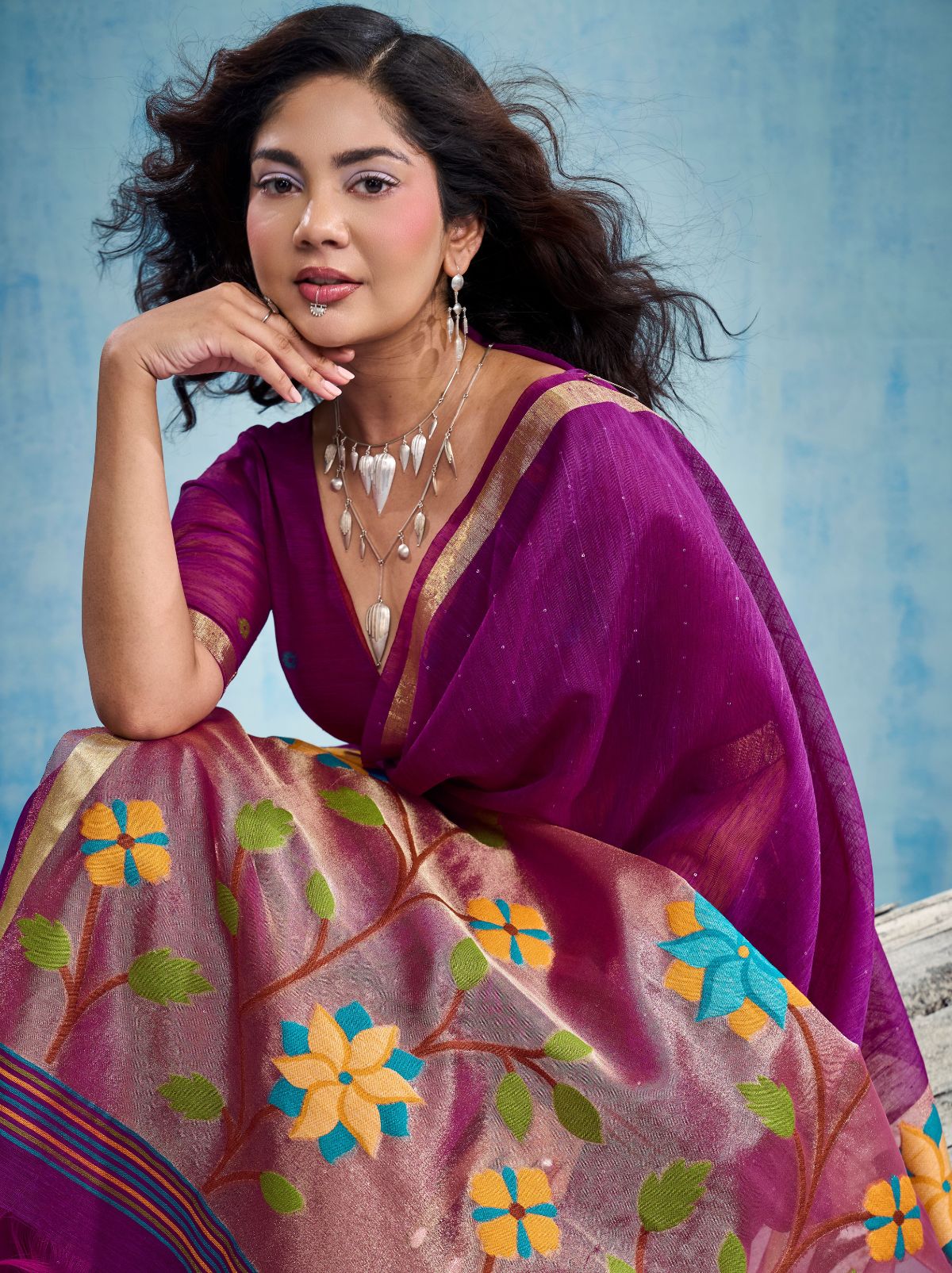 Lollipop Purple Pure Munga Silk Ethnic Saree With Floral Work