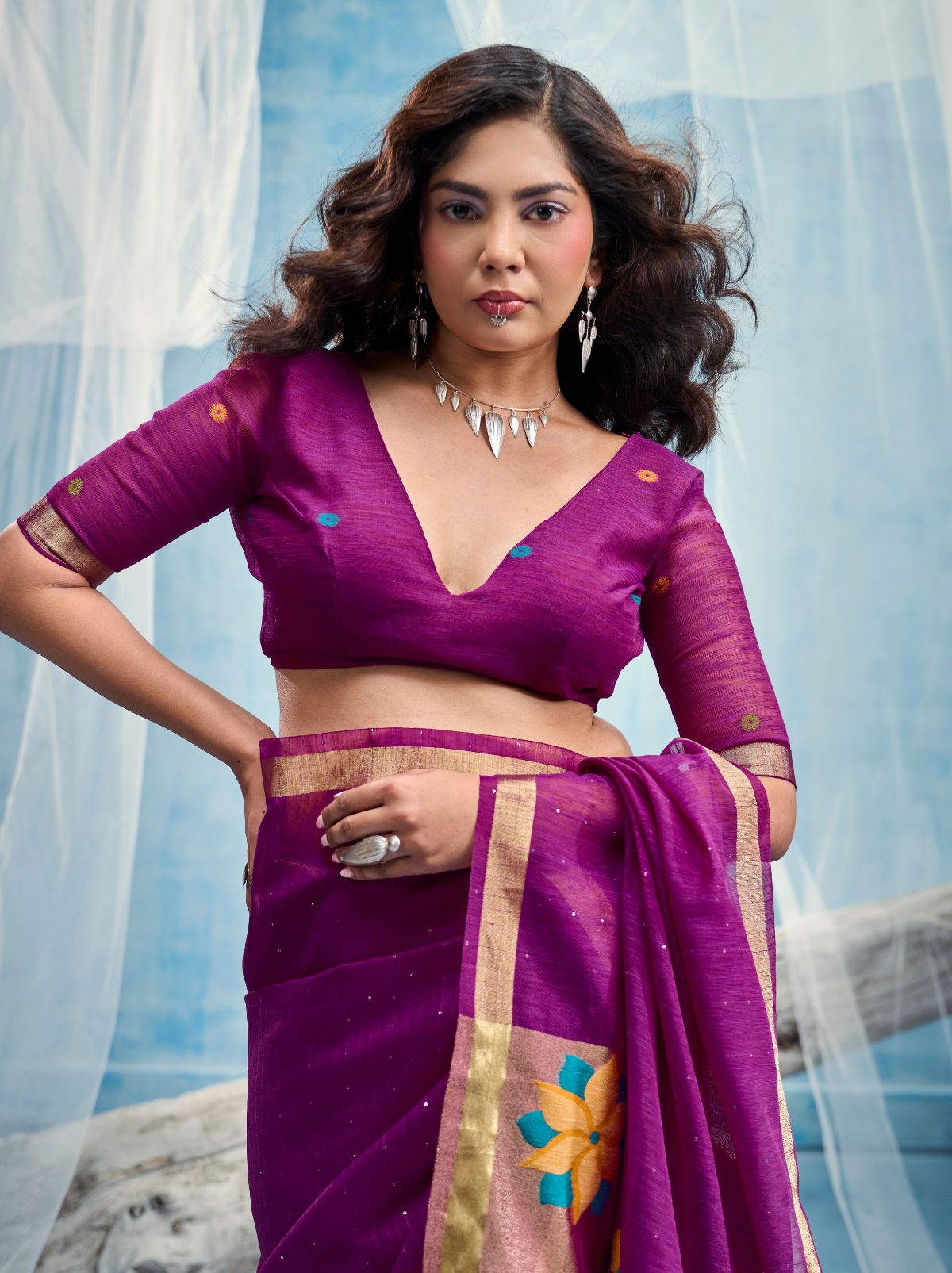 Lollipop Purple Pure Munga Silk Ethnic Saree With Floral Work