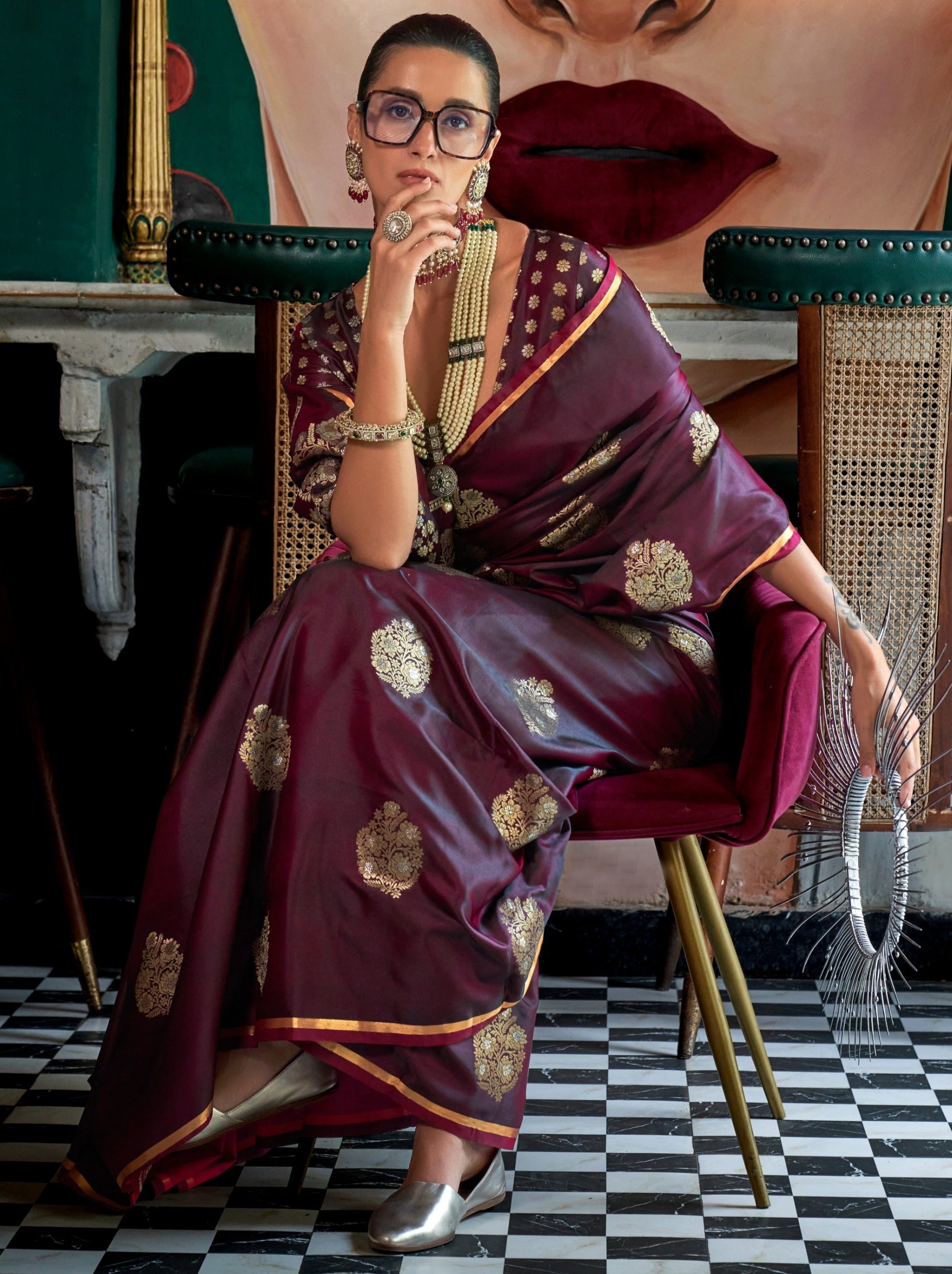 Byzantine Violet Ethnic Designer Satin Saree With Floral Motifs - TrendOye