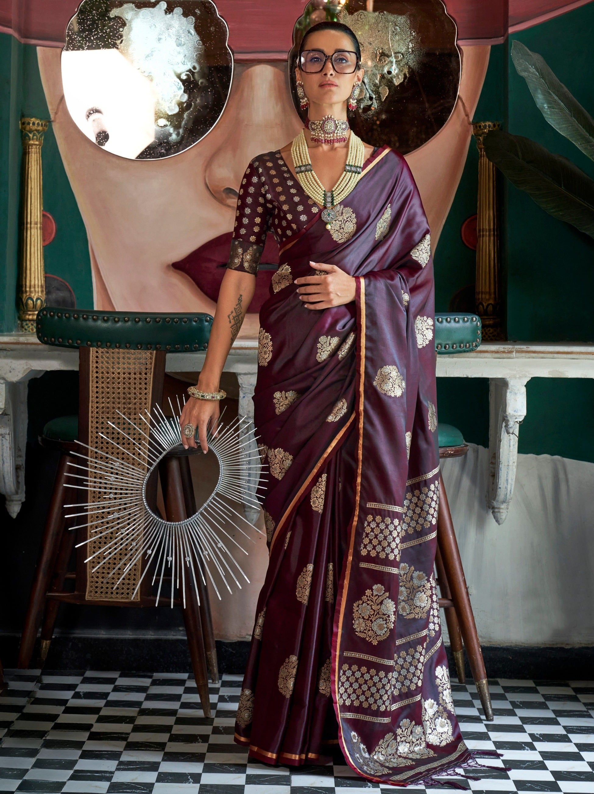 Byzantine Violet Ethnic Designer Satin Saree With Floral Motifs - TrendOye