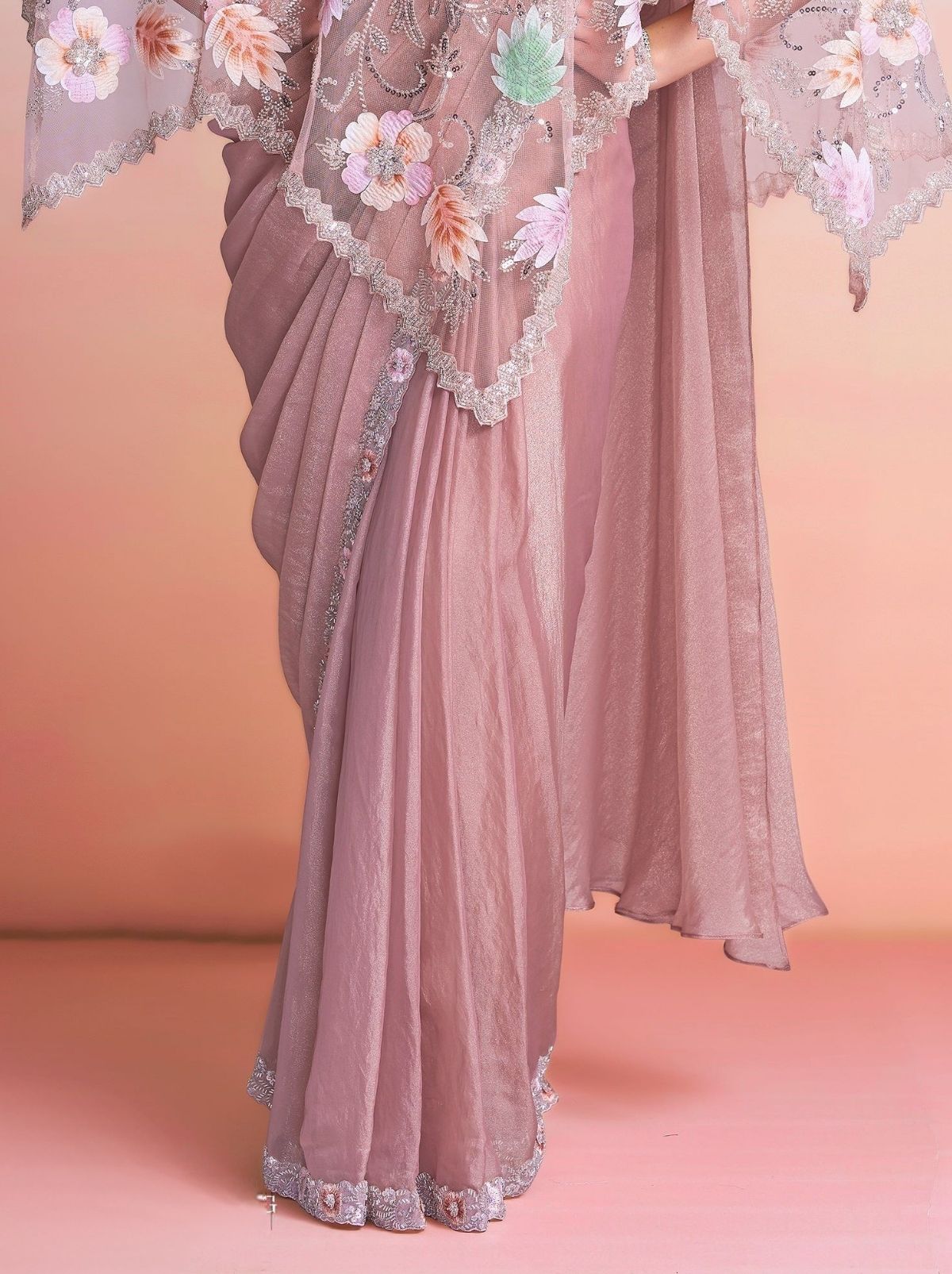 Lilac Purple Ready to Wear Premium Satin Silk Pearl Work Saree