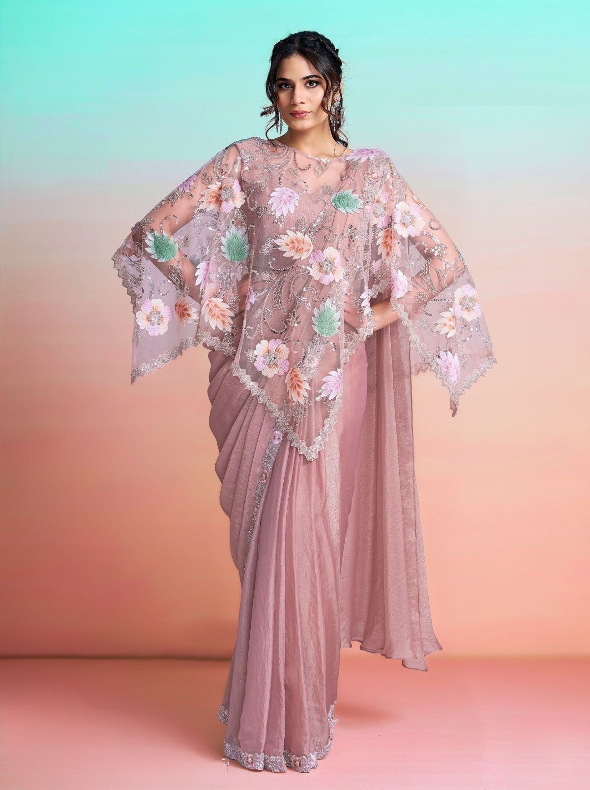Lilac Purple Ready to Wear Premium Satin Silk Pearl Work Saree