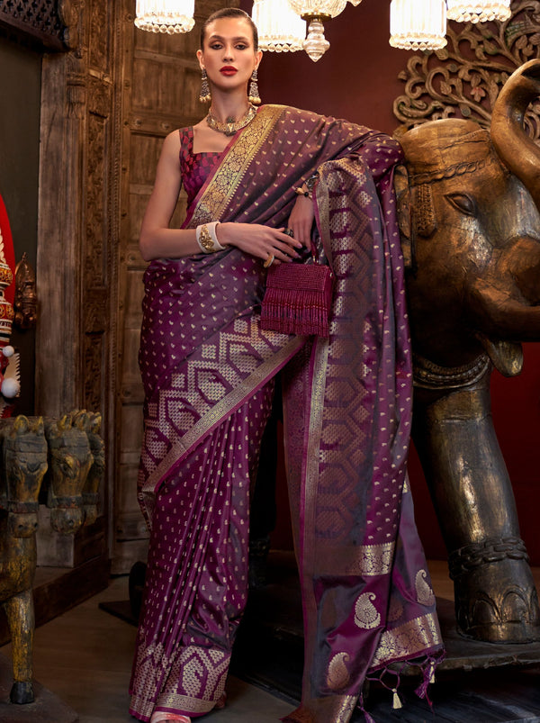 Byzantine Violet-Purple Handwoven Satin Silk Designer Saree - TrendOye