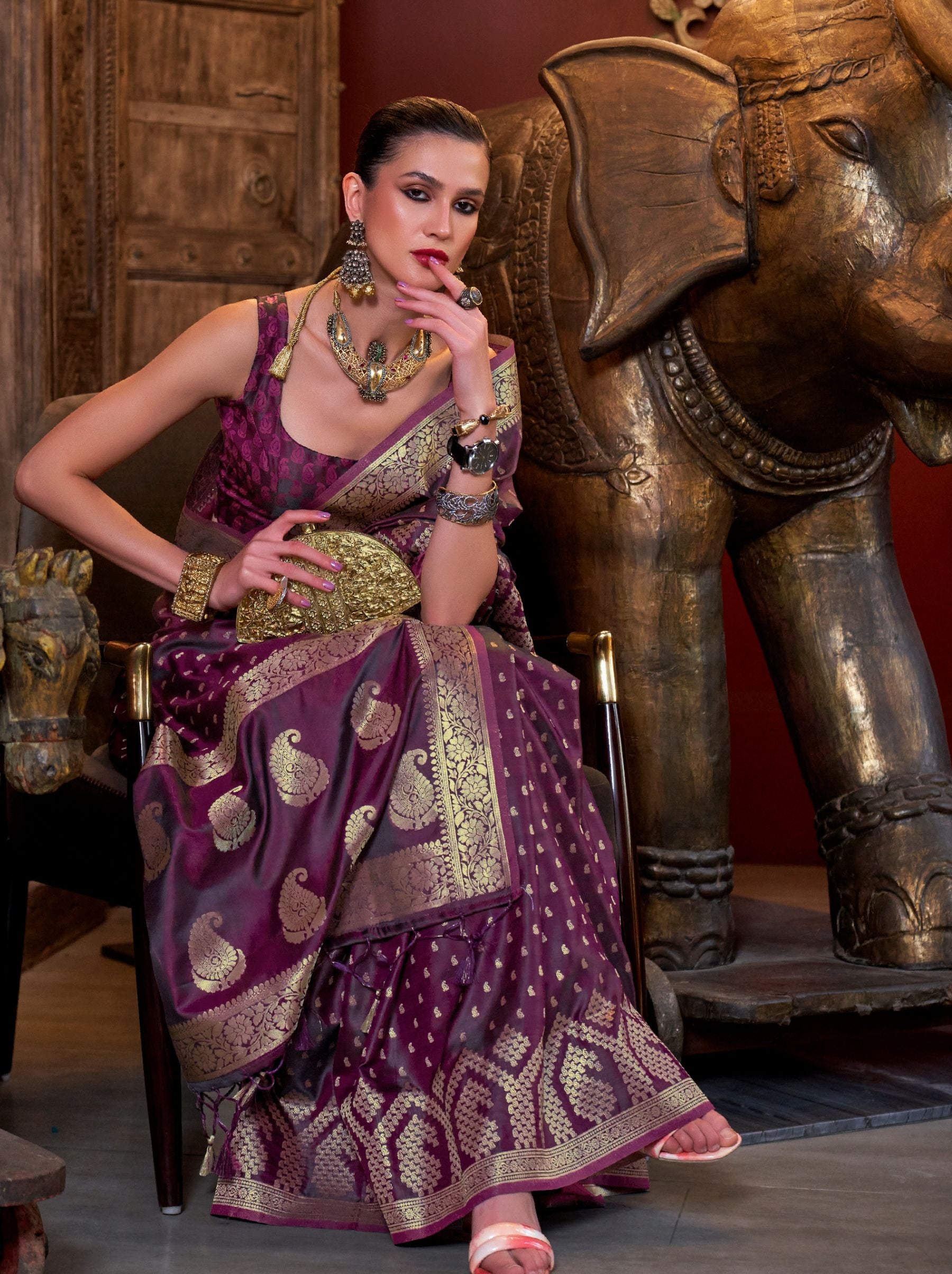 Byzantine Violet-Purple Handwoven Satin Silk Designer Saree - TrendOye