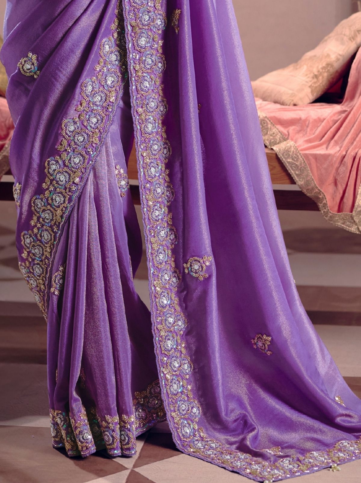 Amethyst Purple Tissue Silk Saree with Couture Beadwork & Zari Detailing