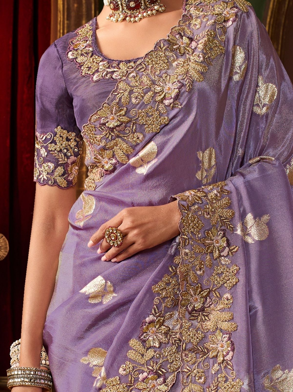 Lavender Purple Traditional Bridal Saree With Designer Blouse Piece