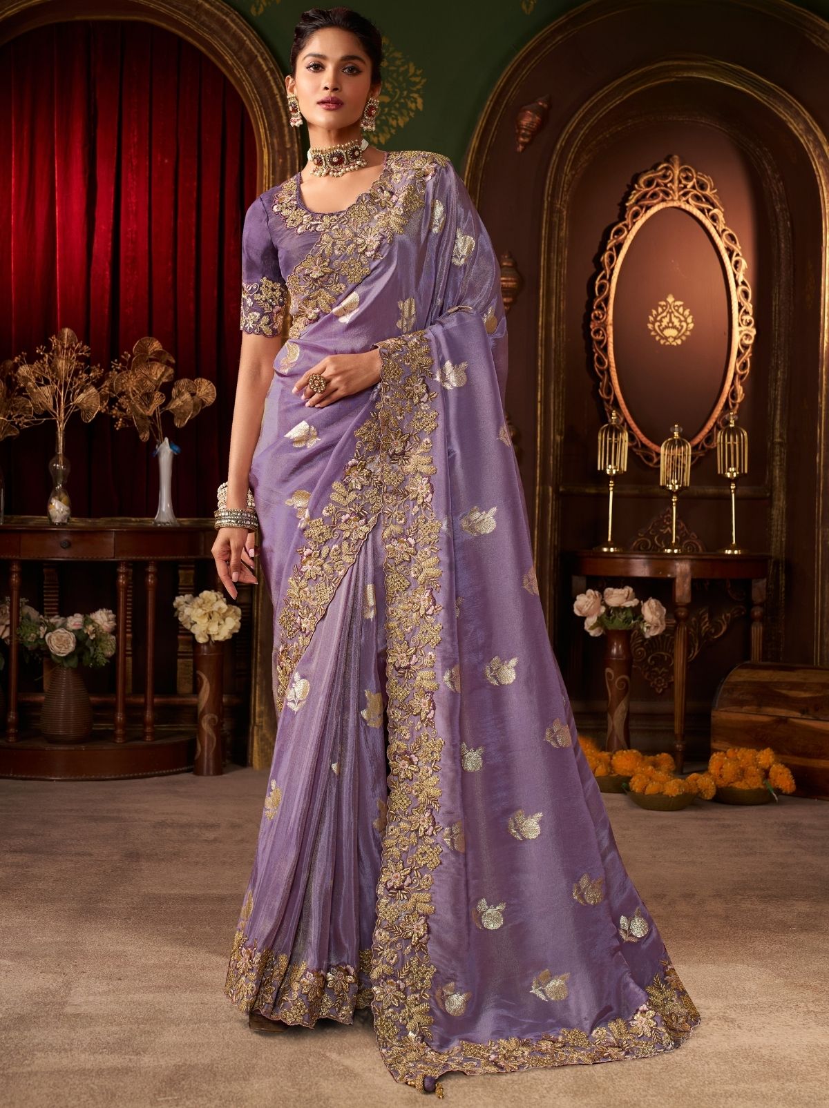 Lavender Purple Traditional Bridal Saree With Designer Blouse Piece
