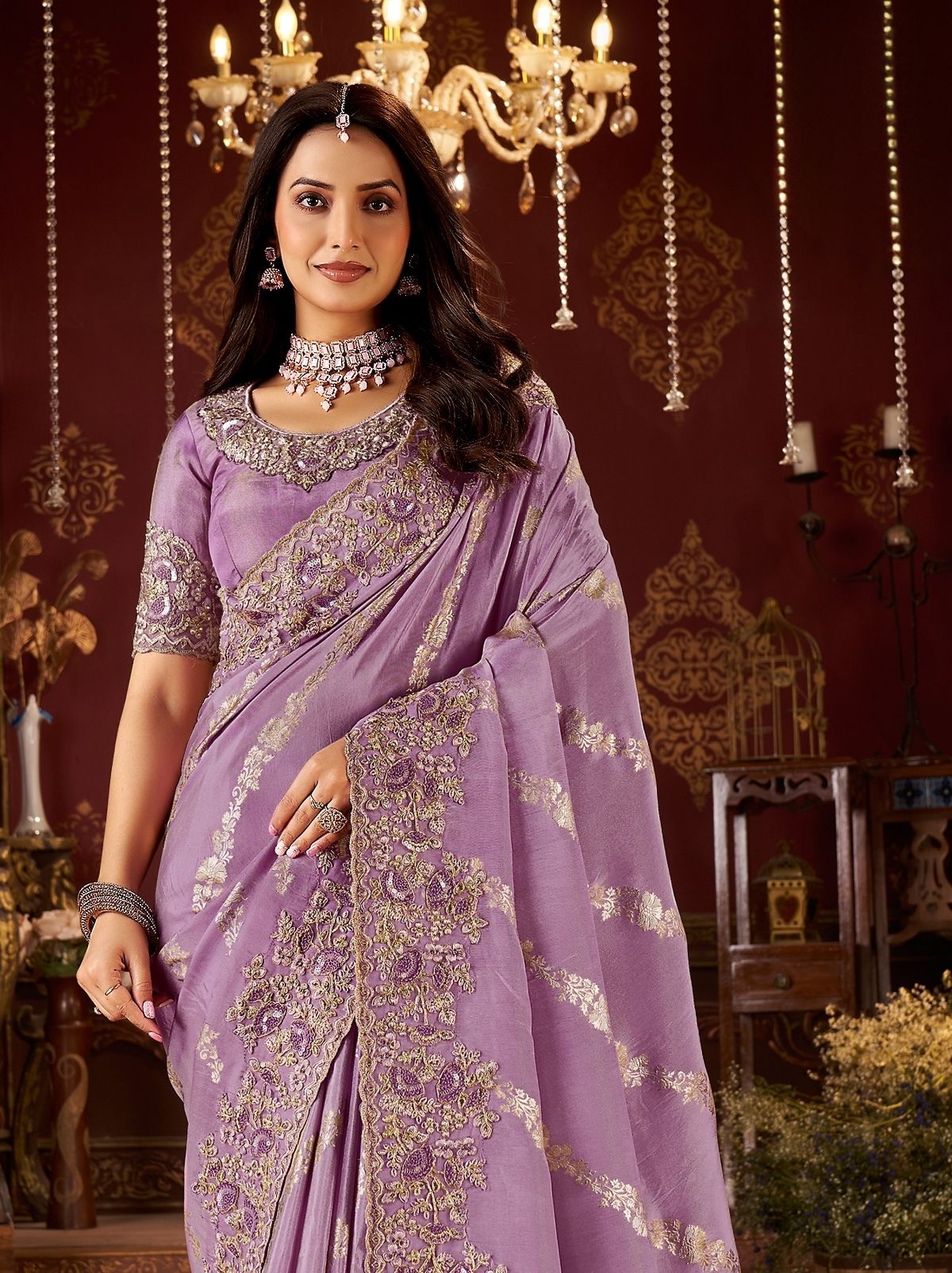 Light Purple Traditional Bridal Saree With Designer Blouse Piece