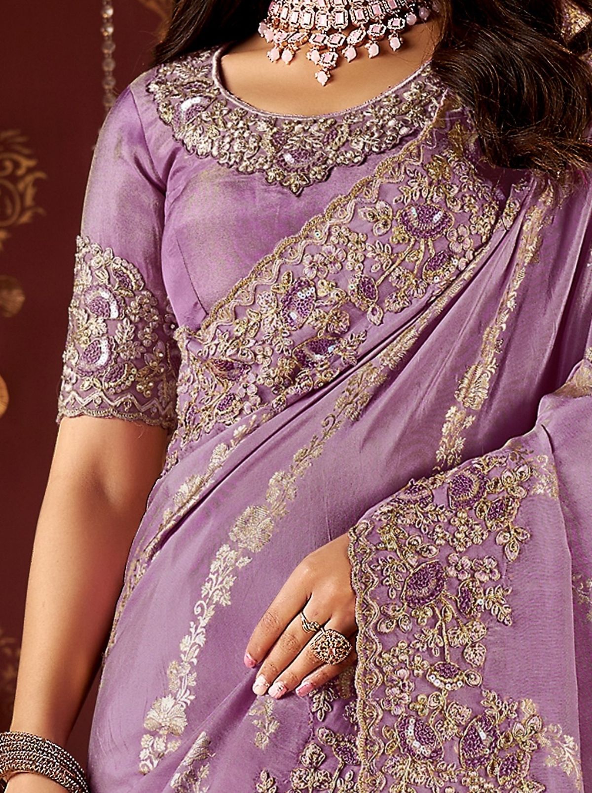 Light Purple Traditional Bridal Saree With Designer Blouse Piece