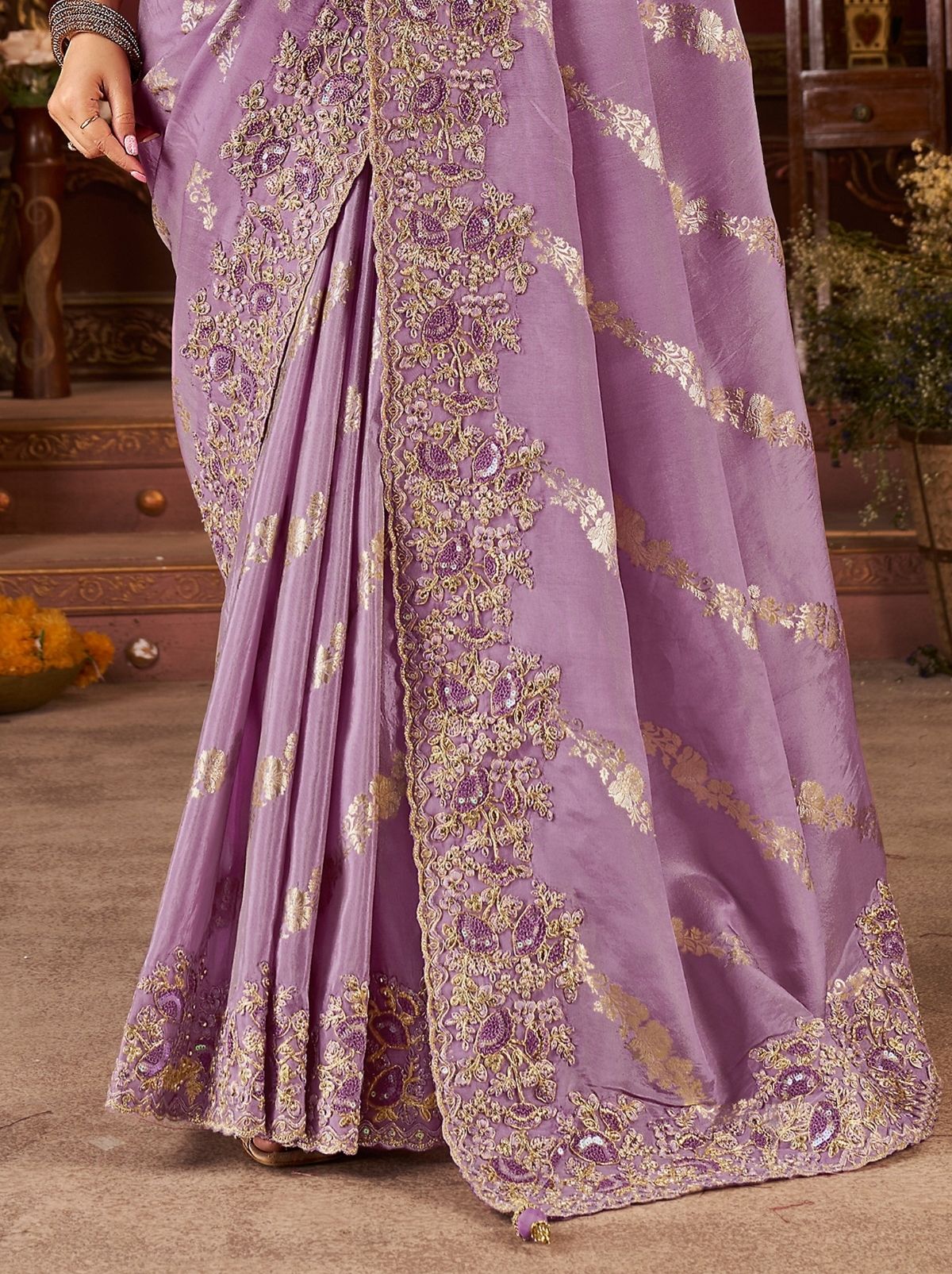 Light Purple Traditional Bridal Saree With Designer Blouse Piece