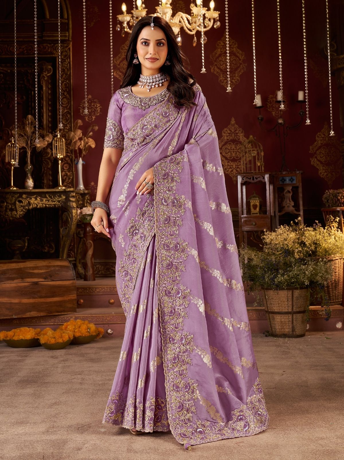 Light Purple Traditional Bridal Saree With Designer Blouse Piece