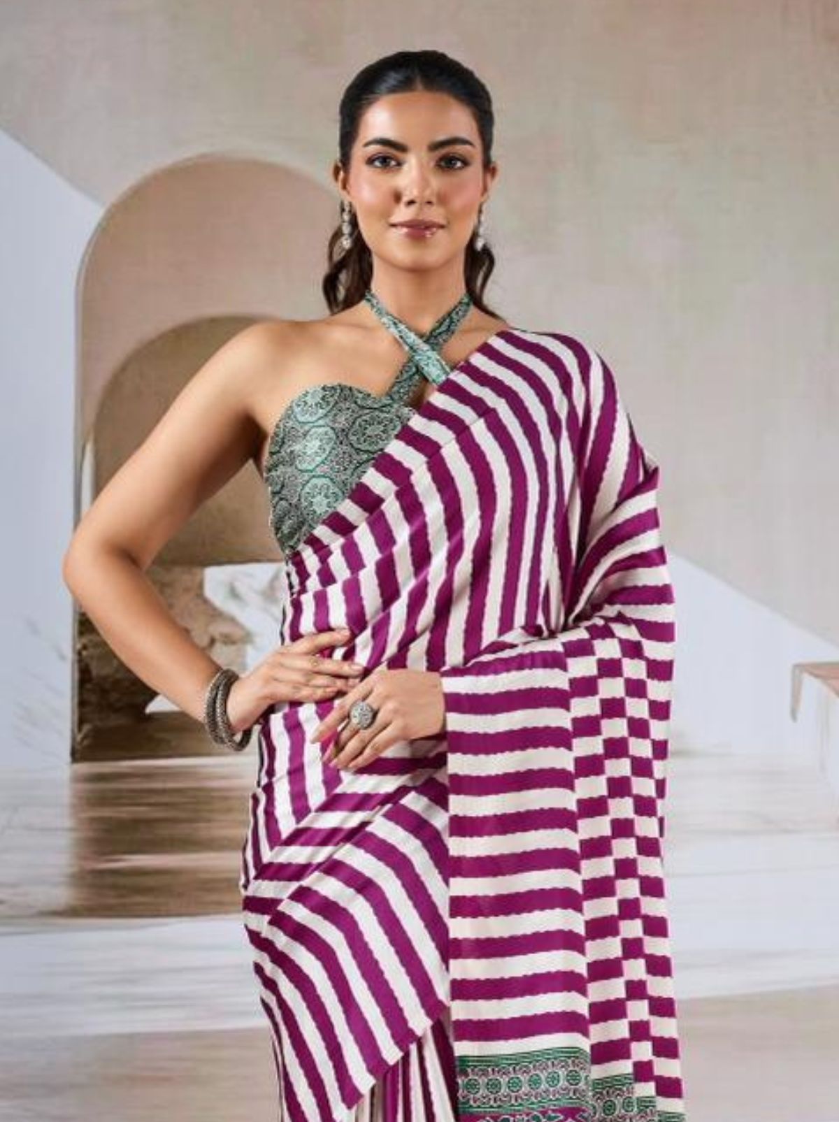Magenta Purple Trendy Striped Ajrakh Print Saree With Blouse Piece - TrendOye