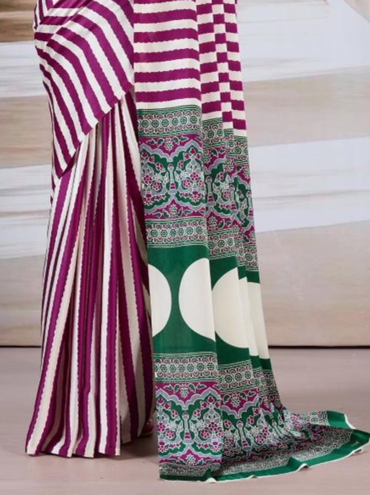 Magenta Purple Trendy Striped Ajrakh Print Saree With Blouse Piece - TrendOye