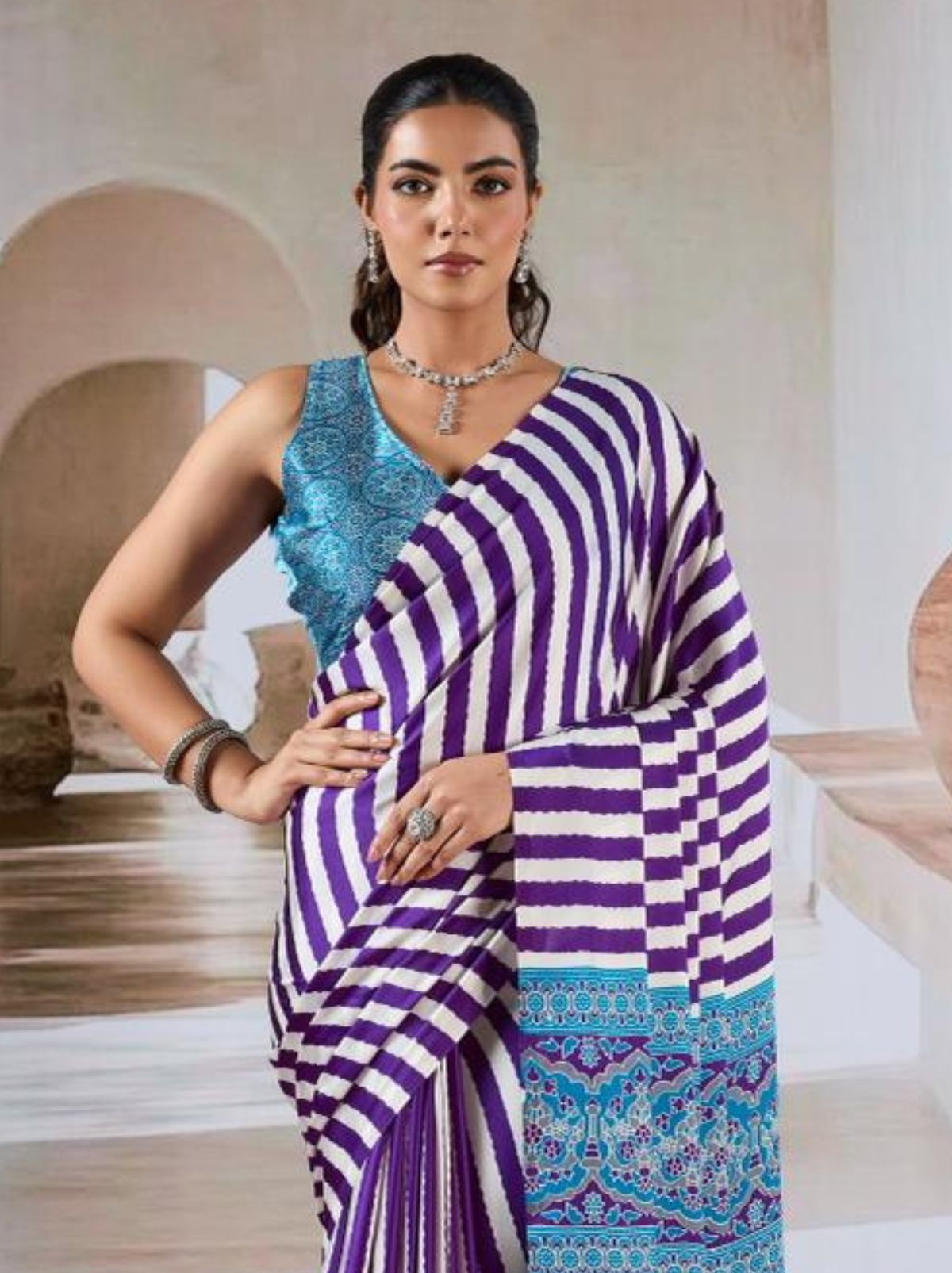 Indigo Purple Trendy Striped Ajrakh Print Saree With Blouse Piece - TrendOye