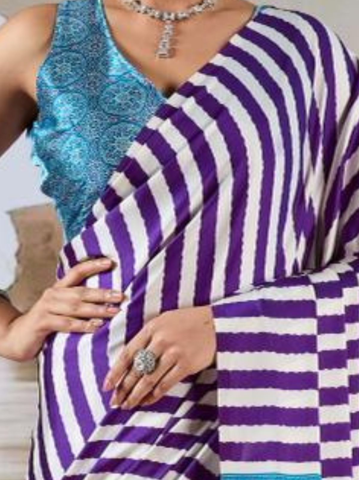 Indigo Purple Trendy Striped Ajrakh Print Saree With Blouse Piece - TrendOye