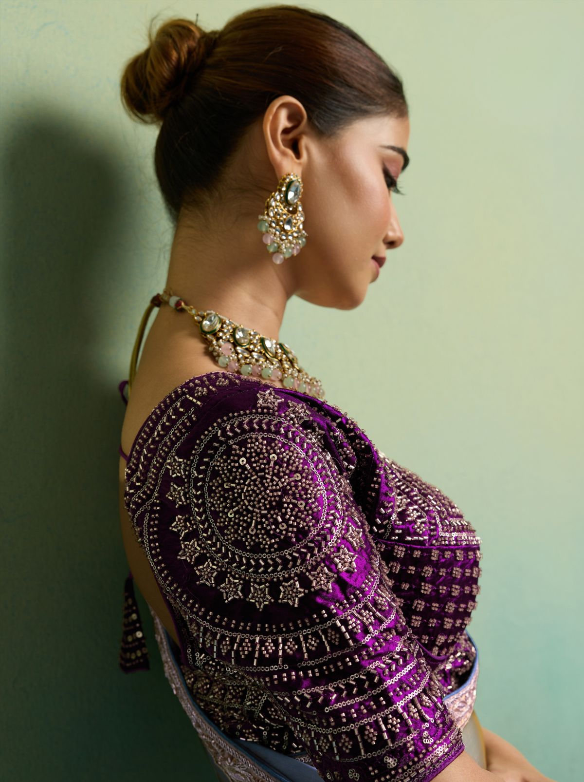 Dual Tone Purple Velvet Satin Celebration Saree with Heavy Blouse