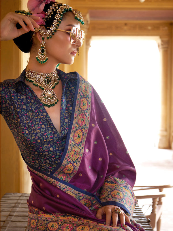 Vibrant Byzantine Violet Ethnic Celebration Silk Saree With Unstitched Blouse