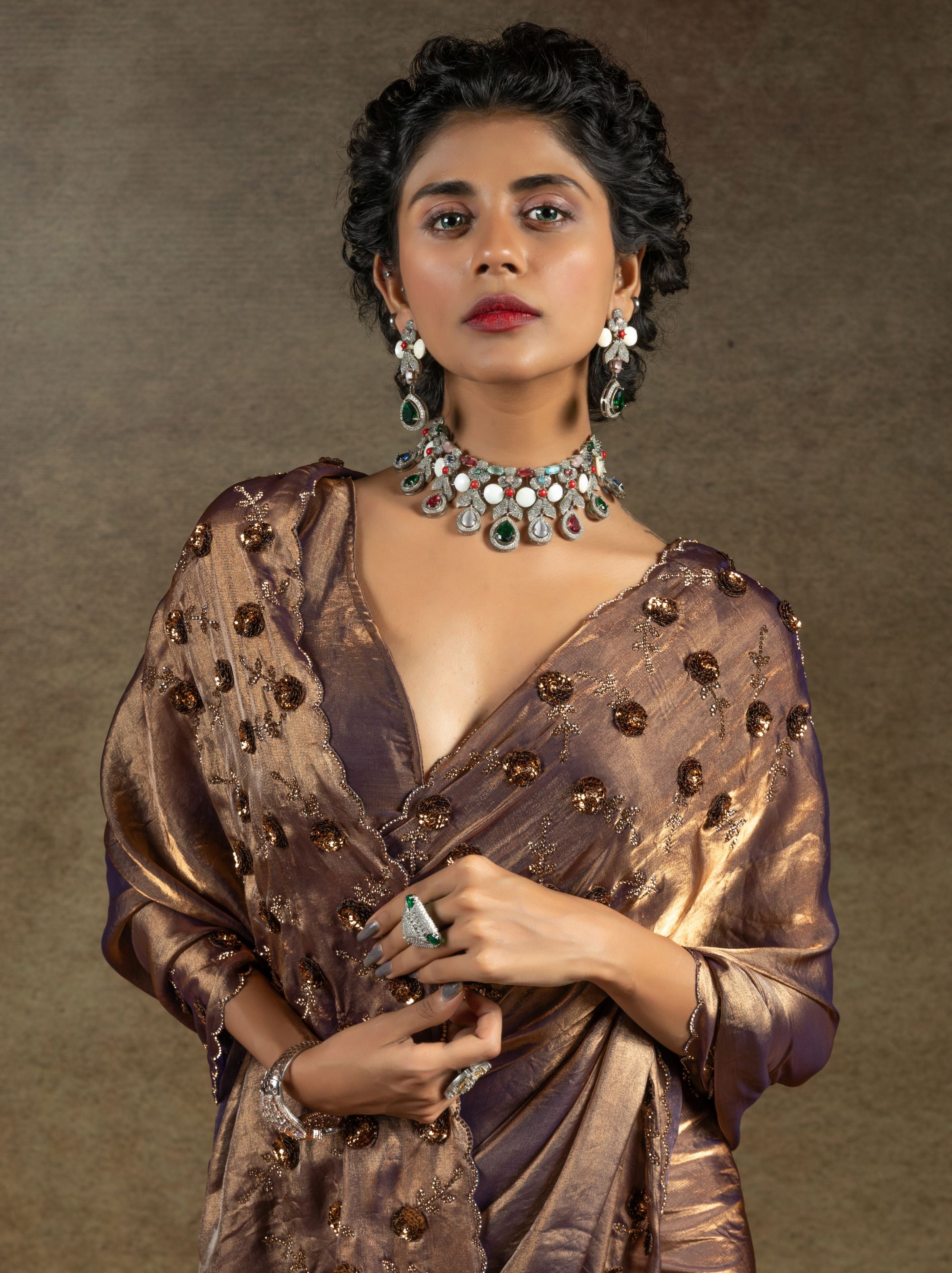 Metallic Bronze Satin Silk Party Saree With Blouse Piece - TrendOye