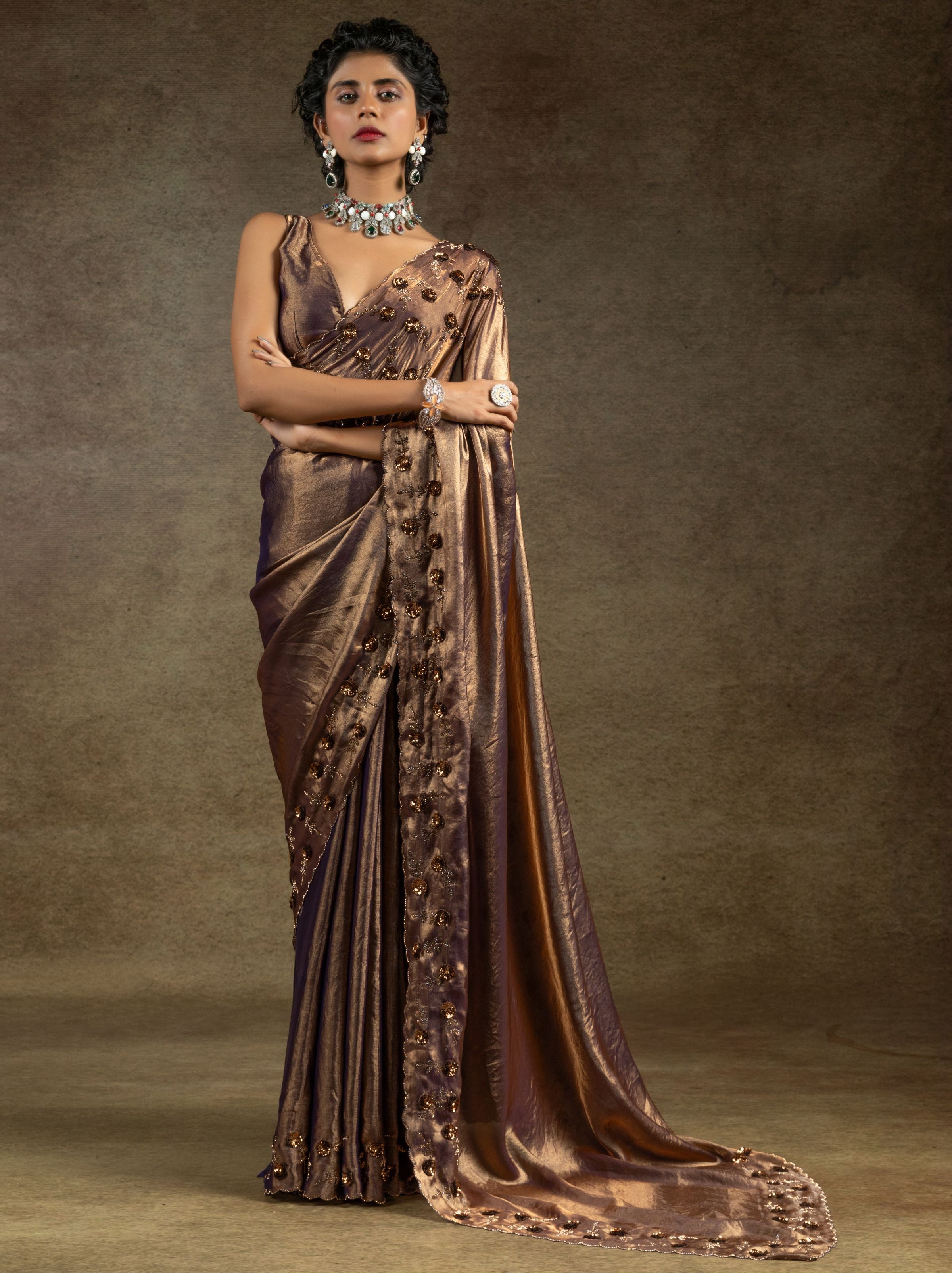 Metallic Bronze Satin Silk Party Saree With Blouse Piece - TrendOye