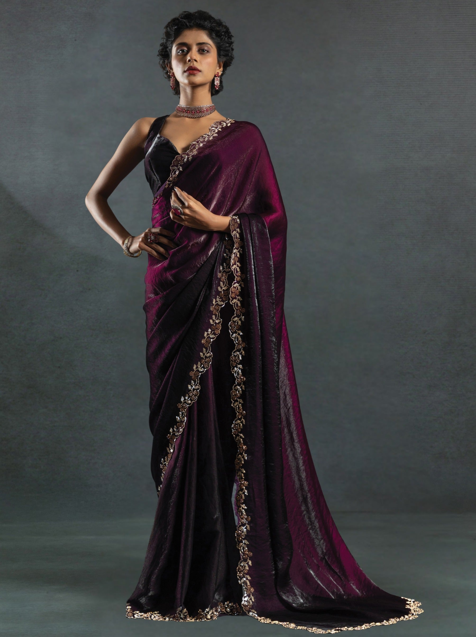 Eggplant Violet Satin Silk Party Saree With Blouse Piece - TrendOye