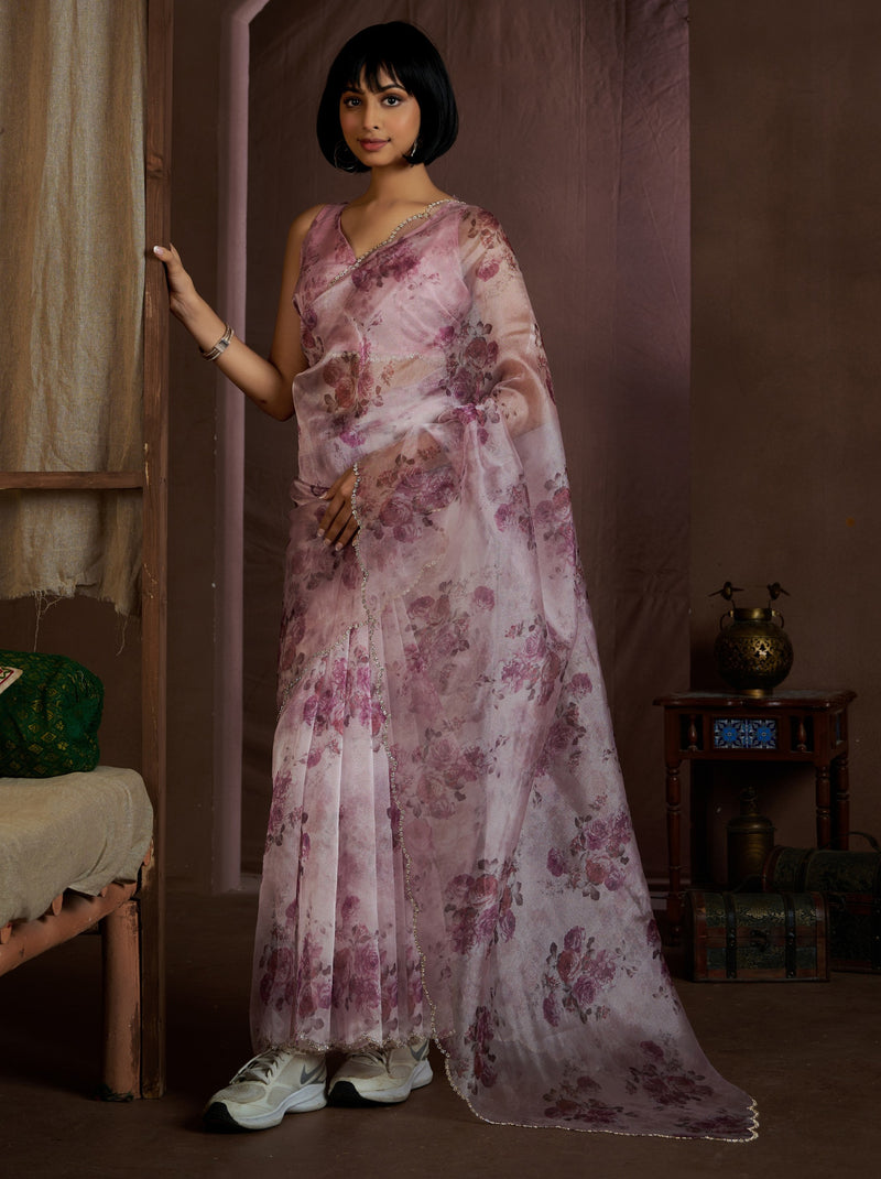 Lavender Purple Digital Organza Silk Party Saree