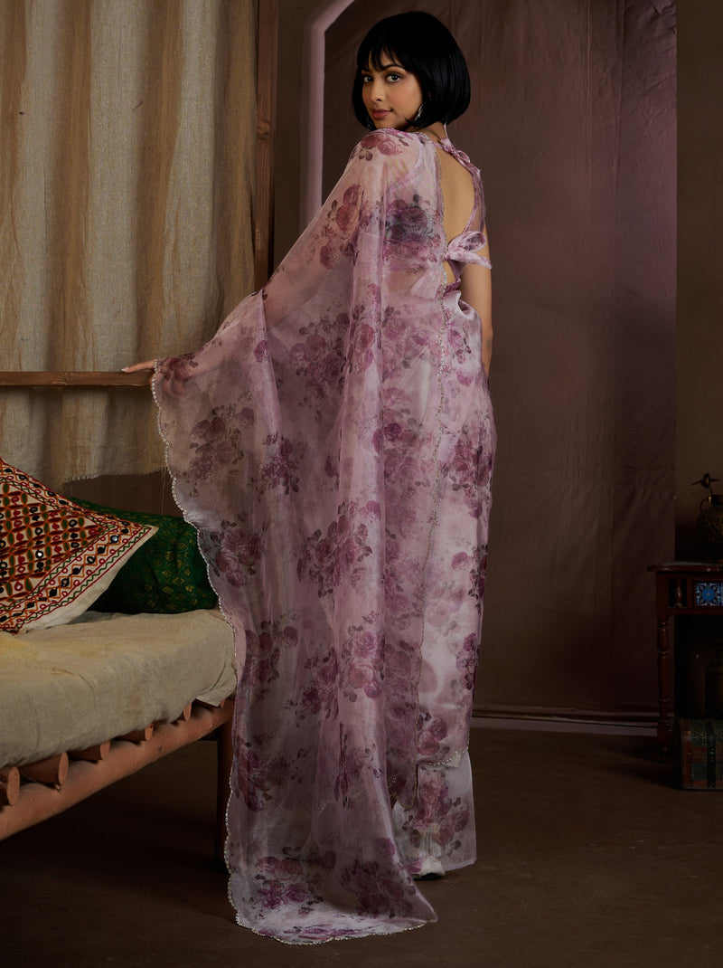 Lavender Purple Digital Organza Silk Party Saree