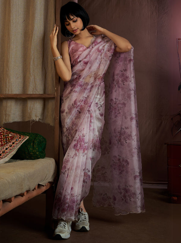 Lavender Purple Digital Organza Silk Party Saree