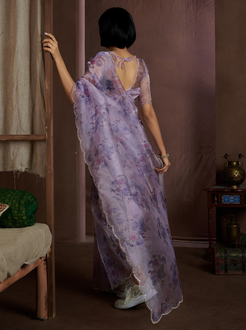 Floral Violet Digital Organza Silk Party Saree