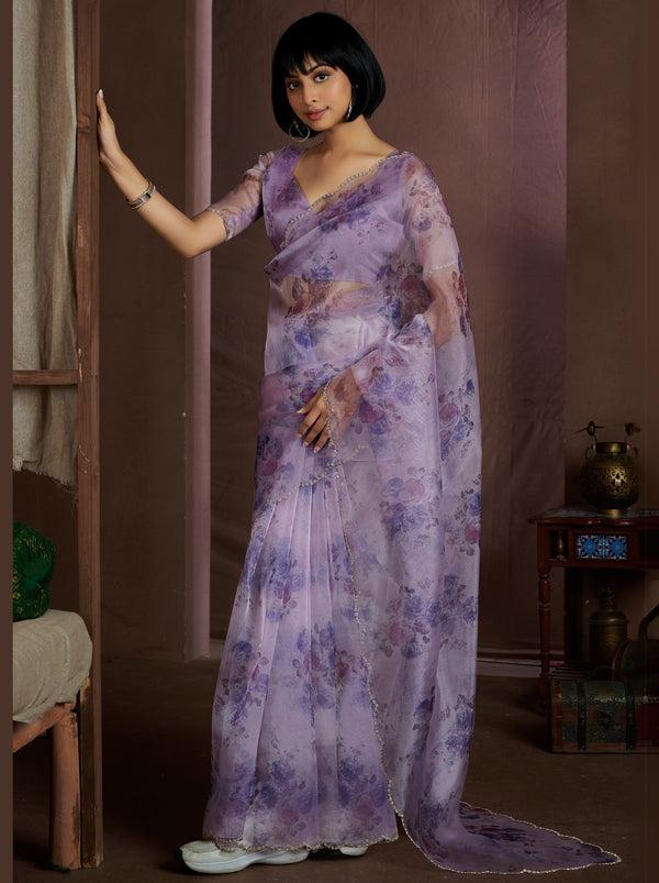 Floral Violet Digital Organza Silk Party Saree