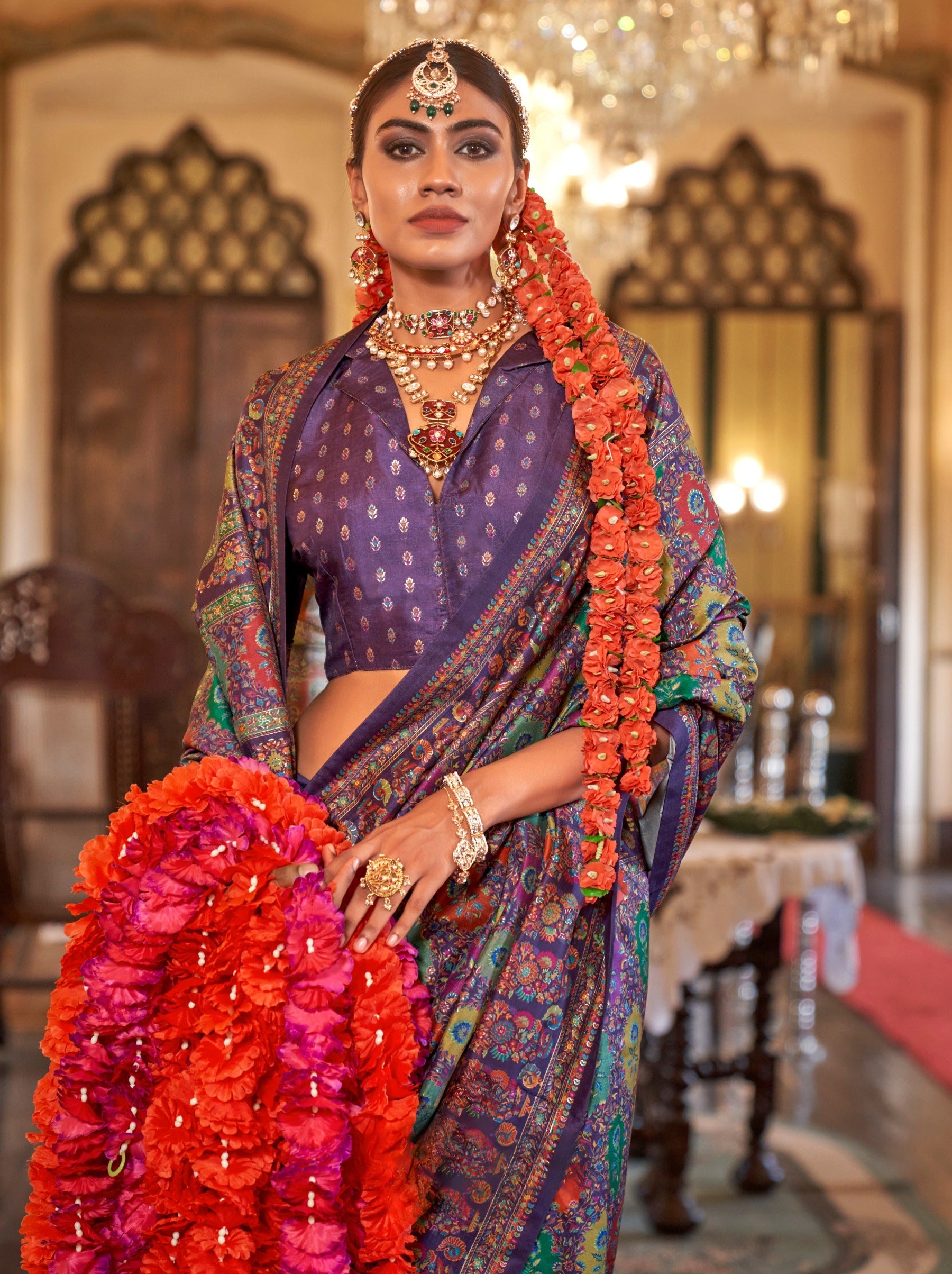 Grape Violet Fancy Silk Party Saree - TrendOye