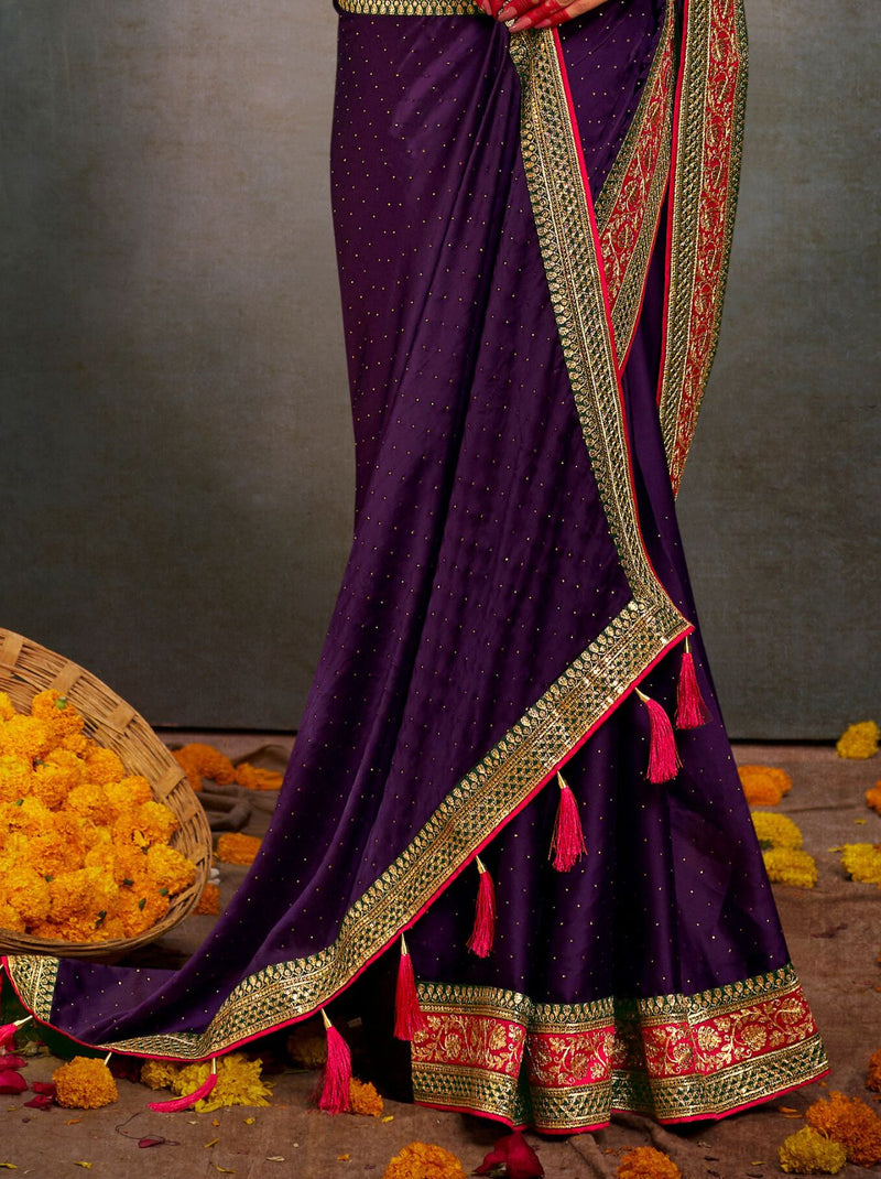 Eggplant Violet Fine Premium Wedding Designer Silk Saree