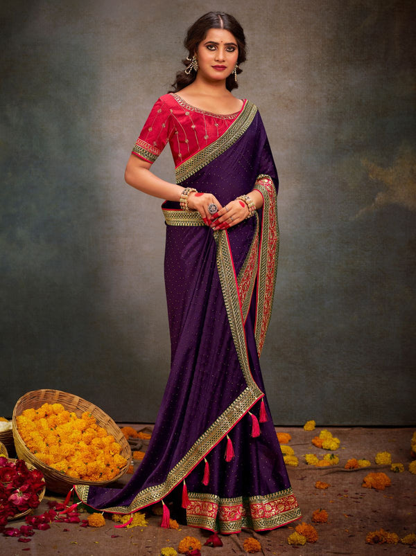 Eggplant Violet Fine Premium Wedding Designer Silk Saree