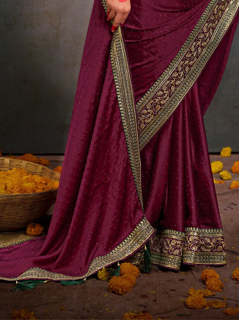 Byzantine Violet Fine Premium Wedding Designer Silk Saree