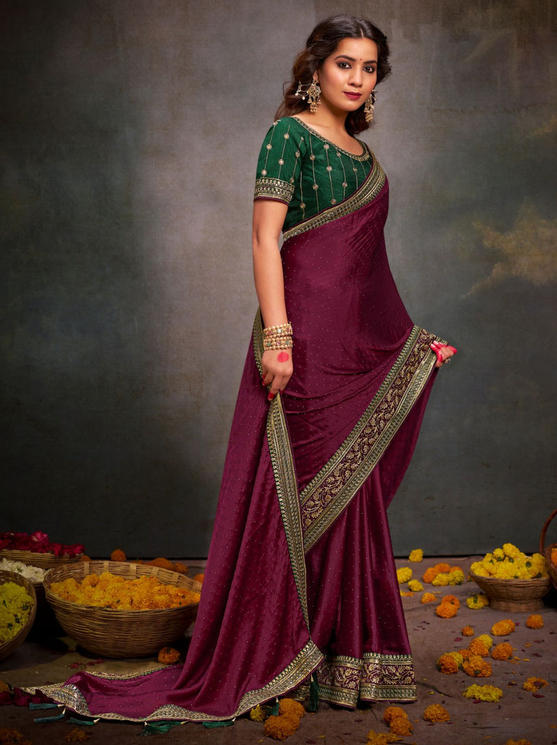 Byzantine Violet Fine Premium Wedding Designer Silk Saree