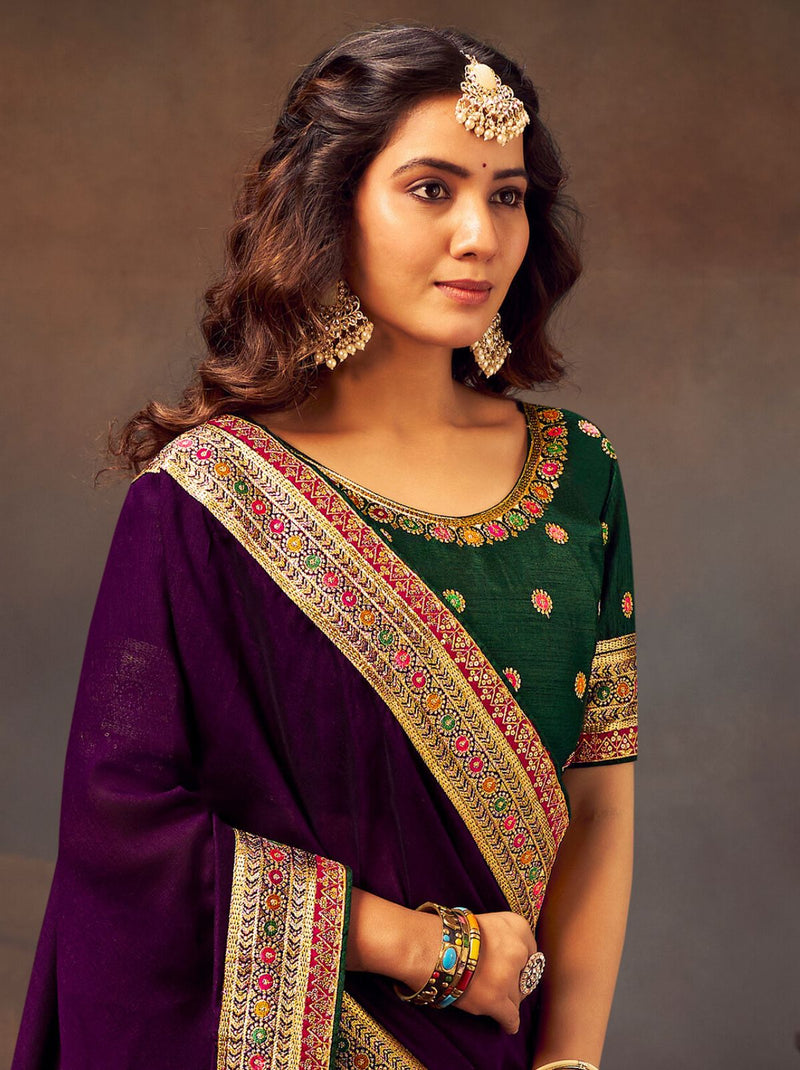 Eggplant Violet Fine Wedding Premium Designer Silk Saree