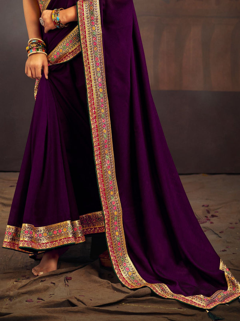 Eggplant Violet Fine Wedding Premium Designer Silk Saree