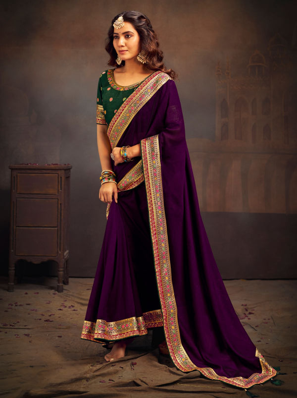 Eggplant Violet Fine Wedding Premium Designer Silk Saree