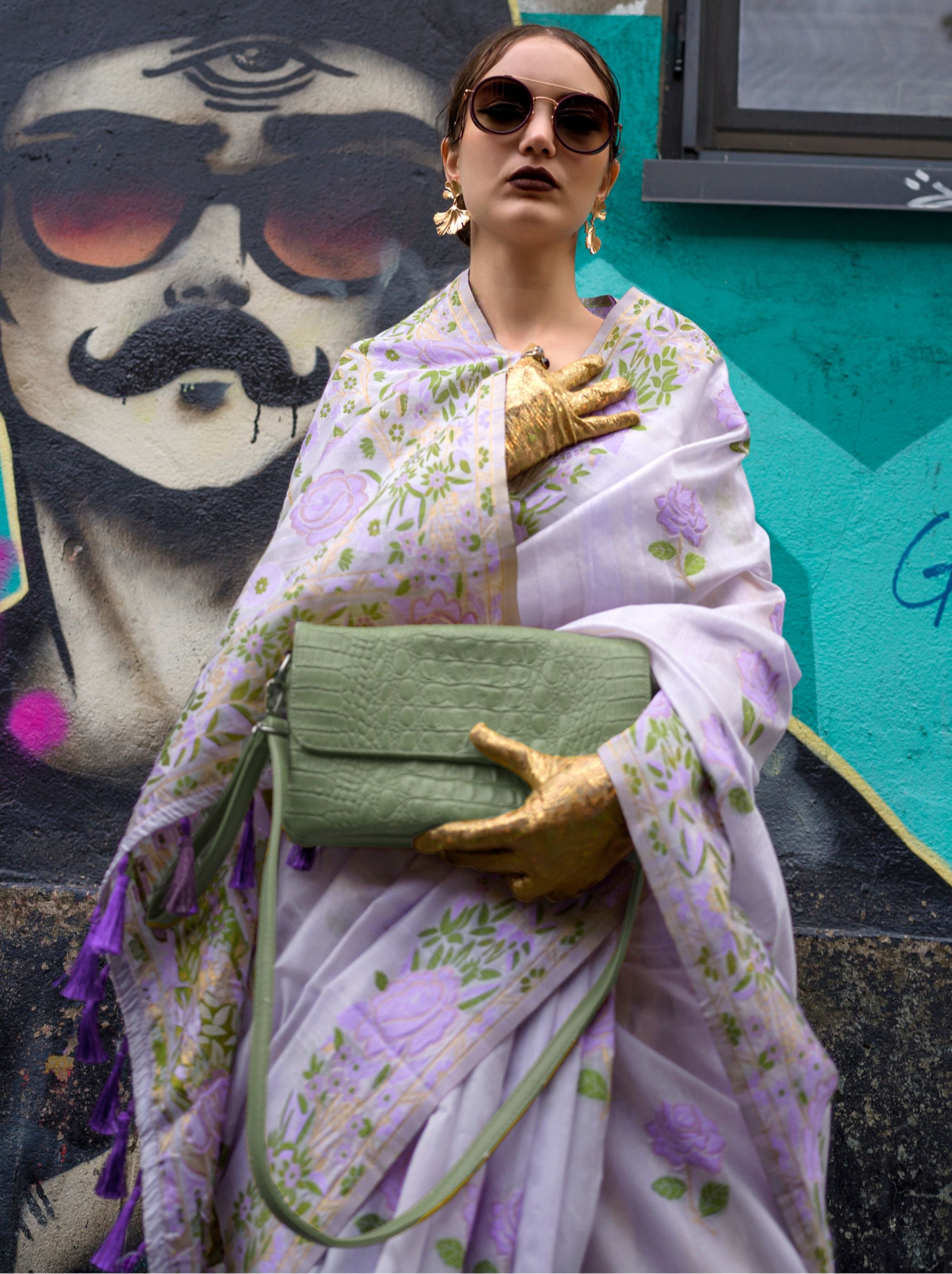 Thistle Voilet-Purple Copy of Emerald Green Designer Silk Blended Saree - TrendOye