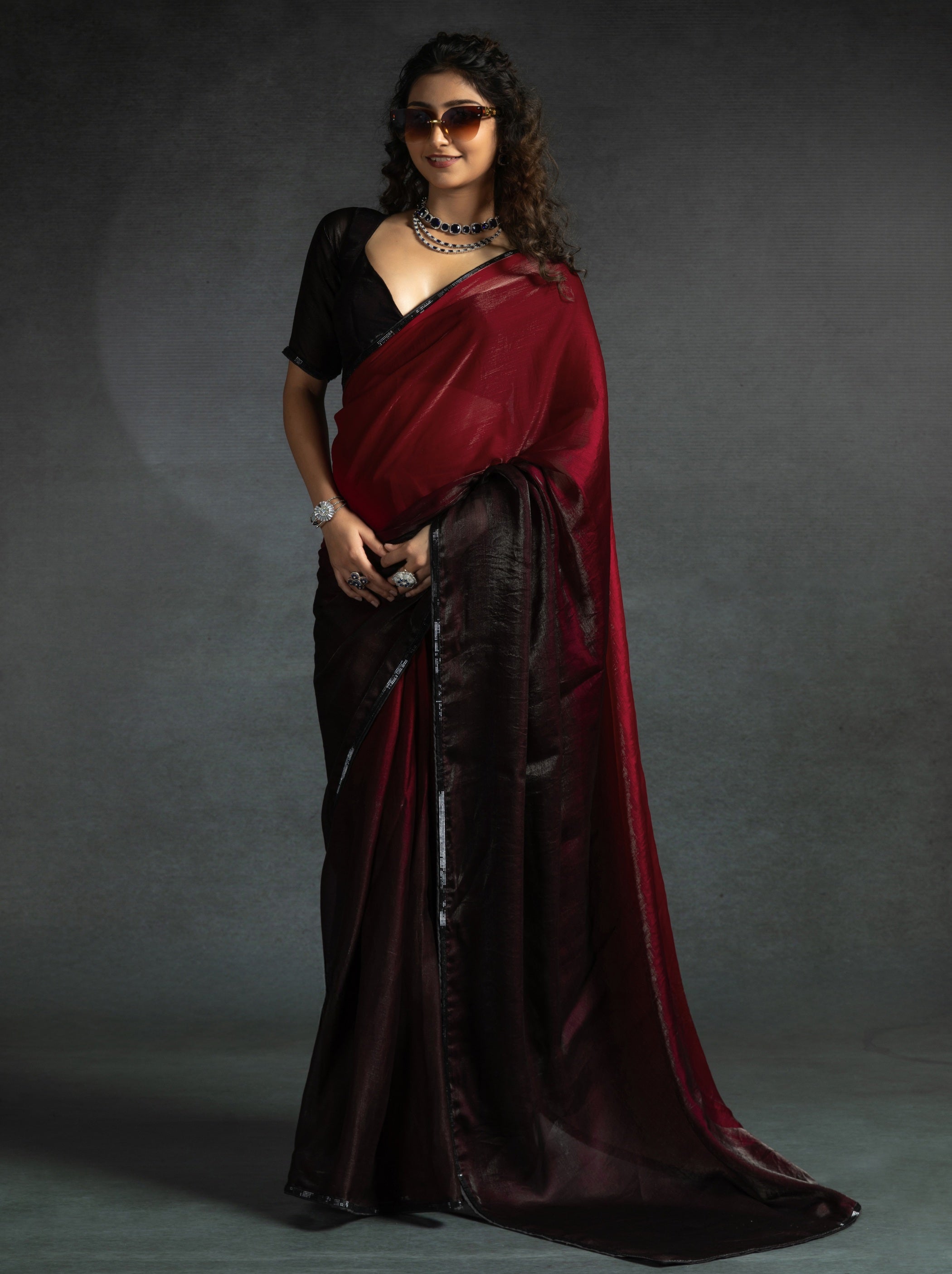 Maroon Red Fancy Ready to Wear Saree With Stone Work Border