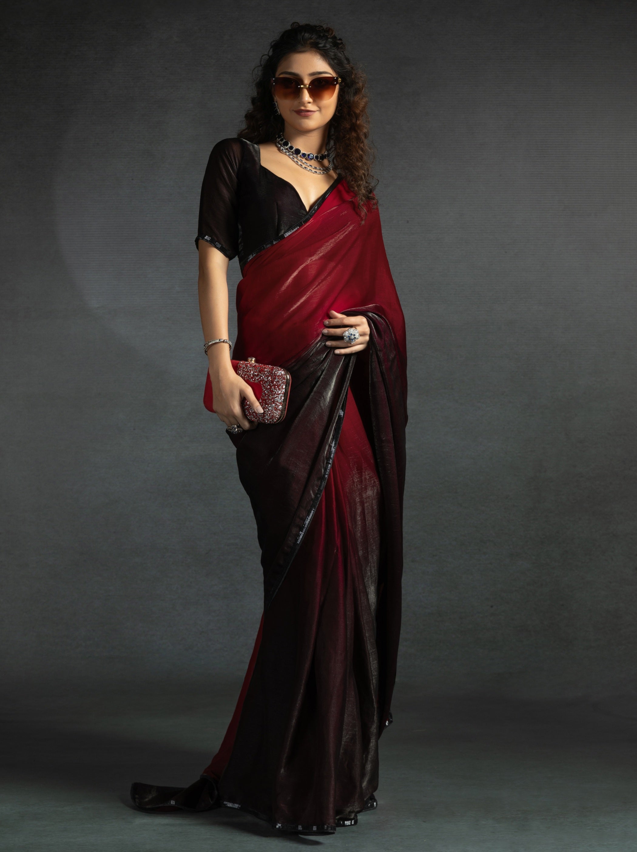 Maroon Red Fancy Ready to Wear Saree With Stone Work Border