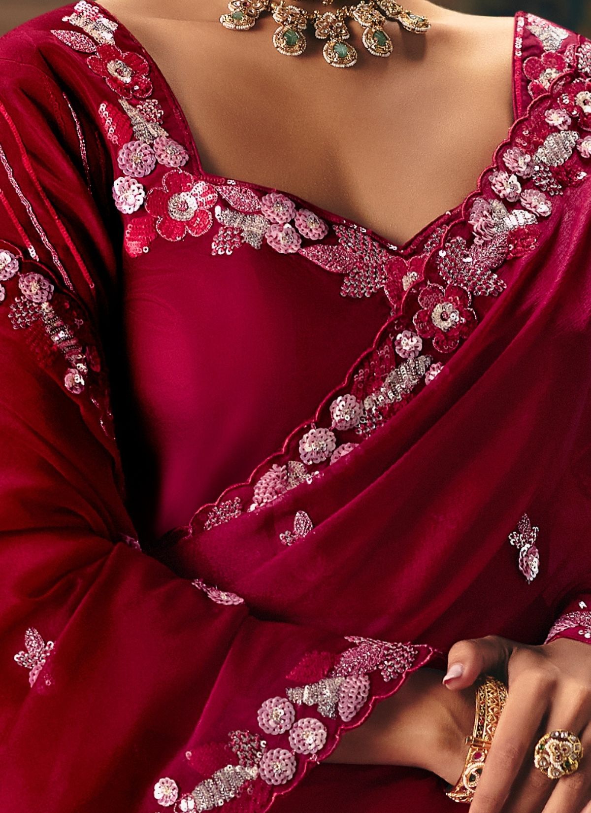 Burgundy Red Celebration Fancy Saree With Premium Blouse Piece - TrendOye