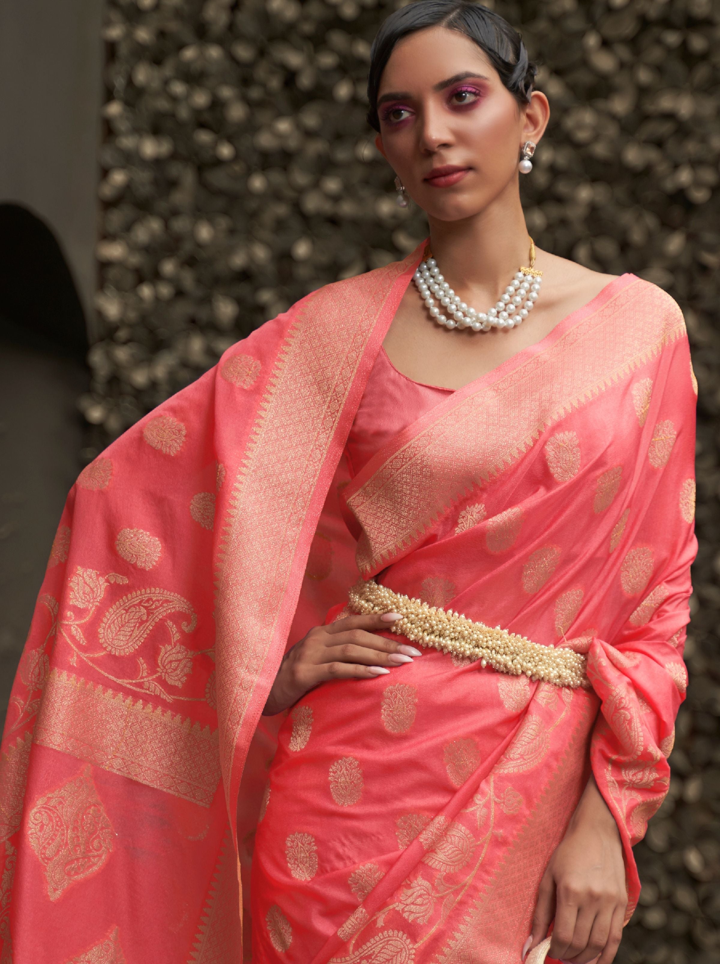 Imperial Red Designer Chinon Silk Saree - TrendOye