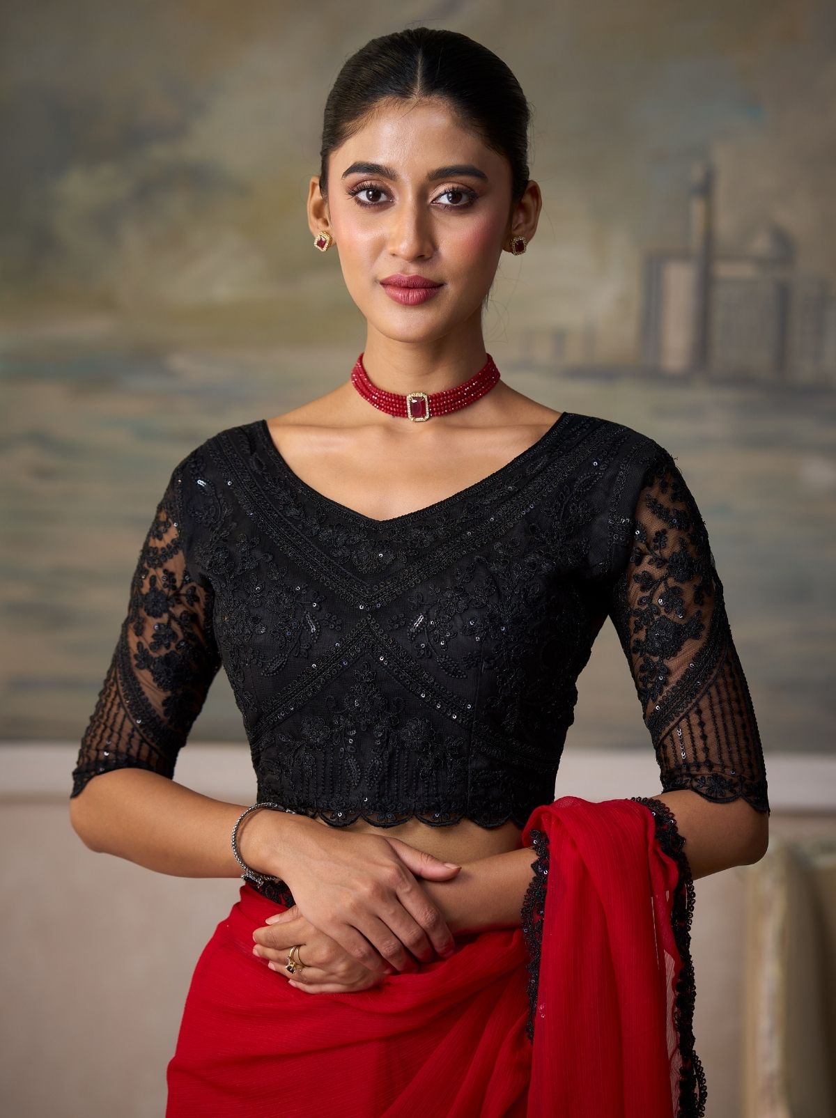 Scarlet Red Contemporary Sequin Statement Saree
