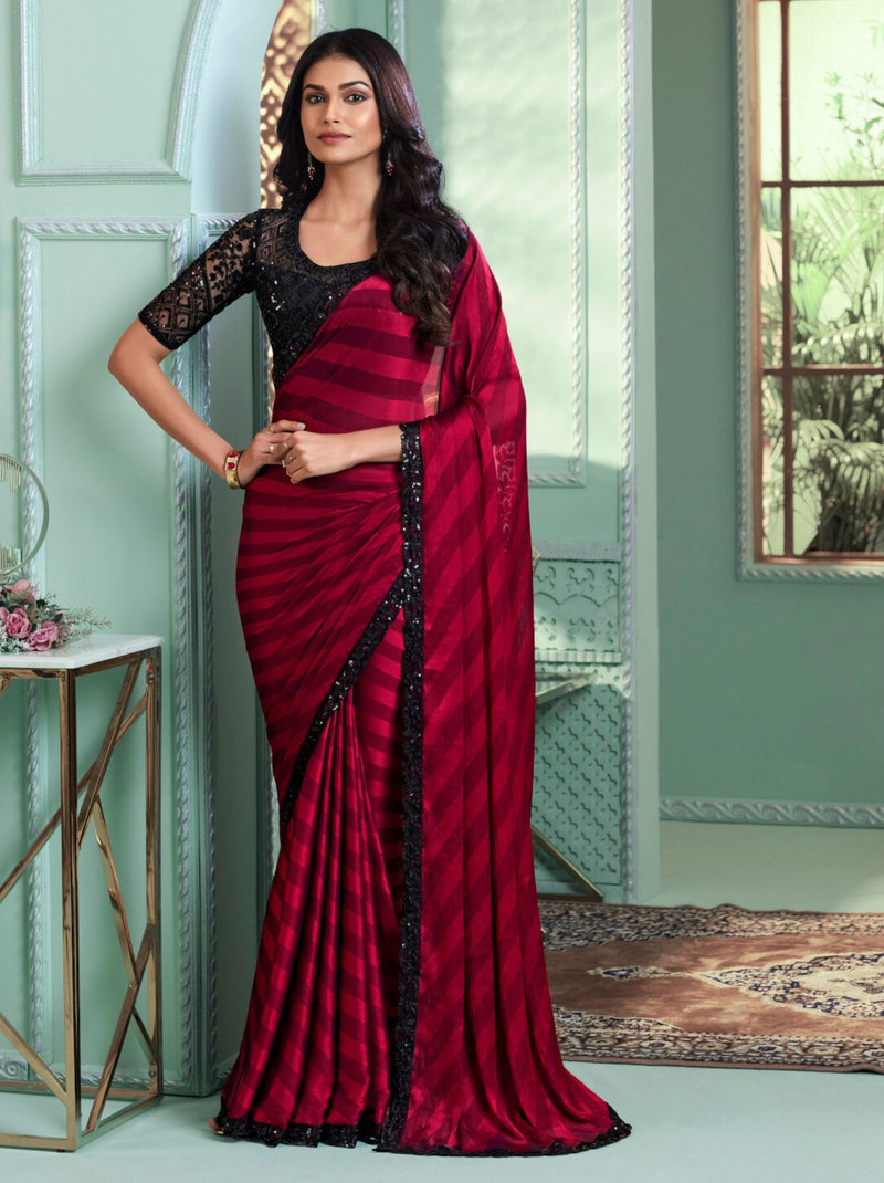 Burgundy Red Premium Fancy Fabric Designer Wedding Party Saree - TrendOye